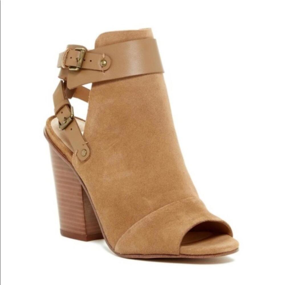 Joe’s Jeans Petra Suede Peep Toe Block Heel Sandals Tobacco Tan 5.5